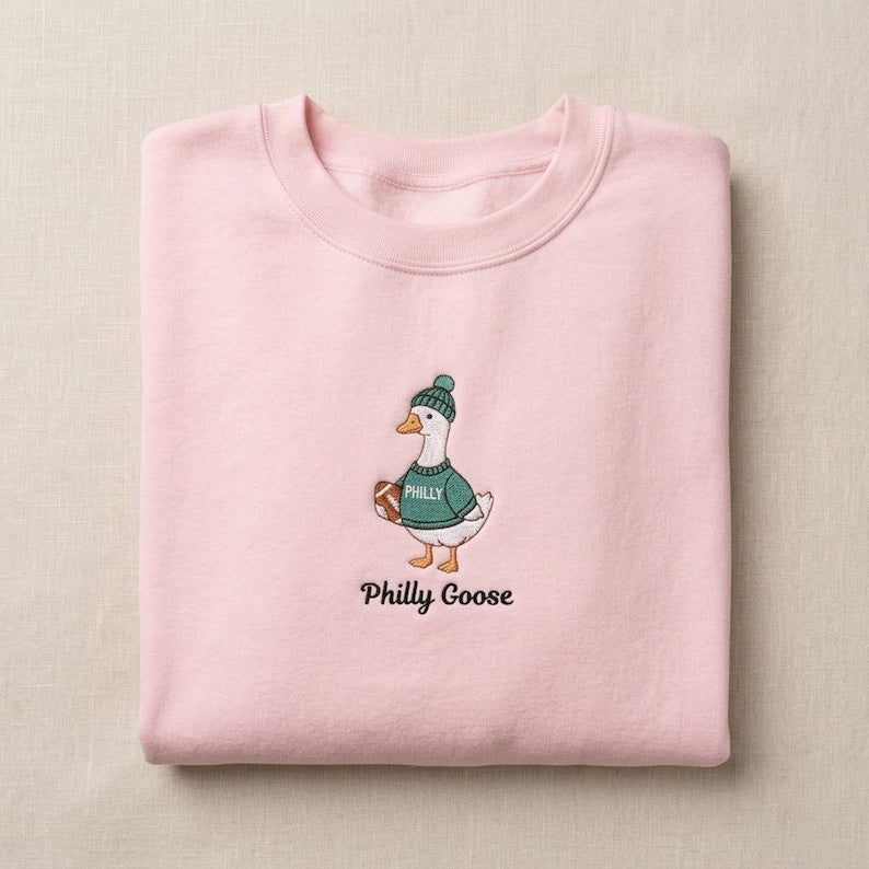 Embroidered Philly Goose Sweatshirt, Funny Philadelphia Football Crewneck, Green Game Day Mascot Pullover