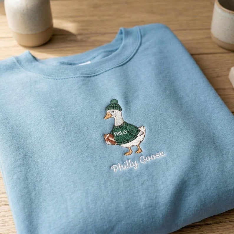 Embroidered Philly Goose Sweatshirt, Funny Philadelphia Football Crewneck, Green Game Day Mascot Pullover