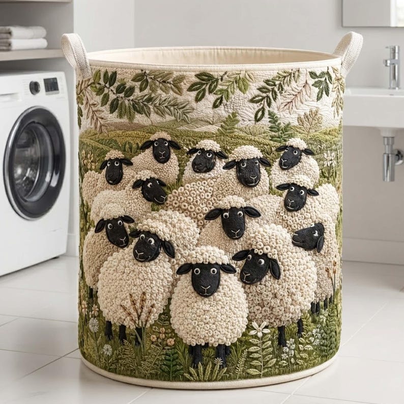 Sheep Field Quilted Laundry Basket, Cute Sheep Clothes Hamper, Country Storage Bin