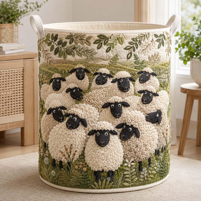 Sheep Field Quilted Laundry Basket, Cute Sheep Clothes Hamper, Country Storage Bin