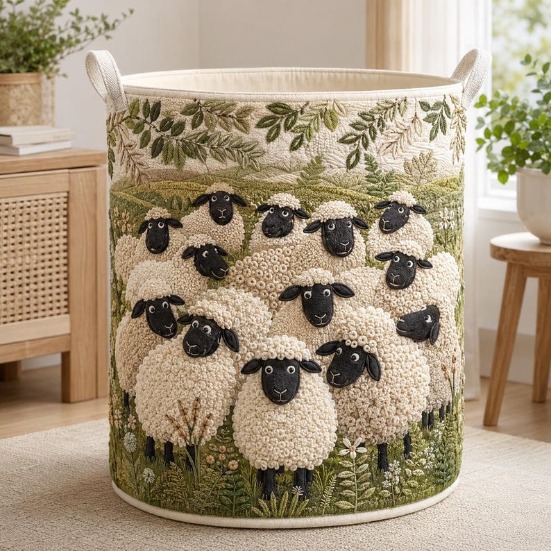 Sheep Field Quilted Laundry Basket, Cute Sheep Clothes Hamper, Country Storage Bin