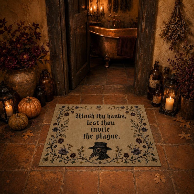 Gothic Bathroom Coir Doormat with Quote and Floral Border