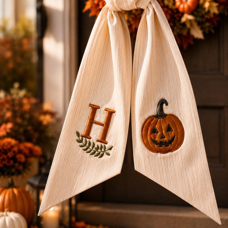 Personalized Fall Wreath Sash, Halloween Pumpkin Door Bow, Custom Monogram Wreath Belt, Autumn Front Door Decor