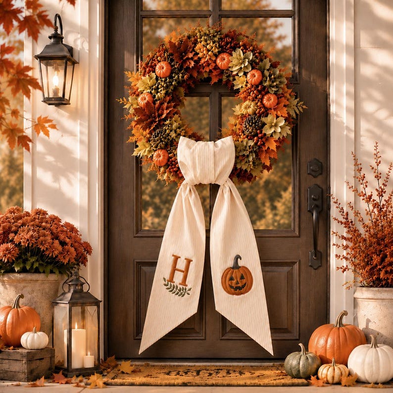 Personalized Fall Wreath Sash, Halloween Pumpkin Door Bow, Custom Monogram Wreath Belt, Autumn Front Door Decor