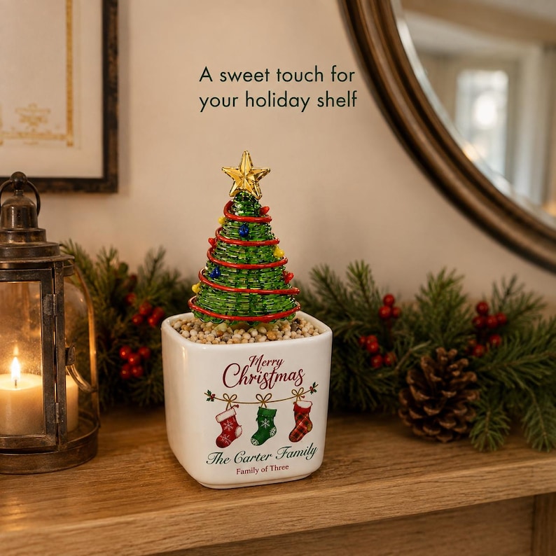 Personalized Mini Glass Christmas Tree in Ceramic Pot, Custom Family Name Holiday Tabletop Decor