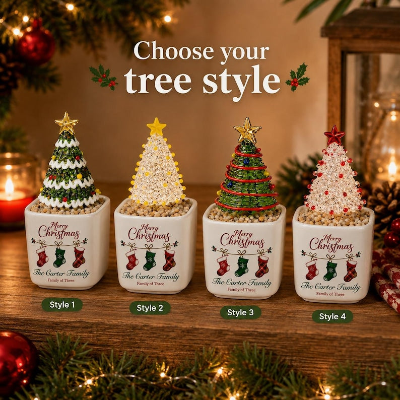 Personalized Mini Glass Christmas Tree in Ceramic Pot, Custom Family Name Holiday Tabletop Decor
