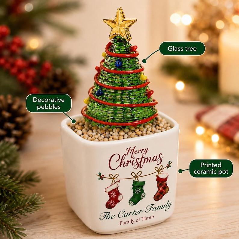 Personalized Mini Glass Christmas Tree in Ceramic Pot, Custom Family Name Holiday Tabletop Decor