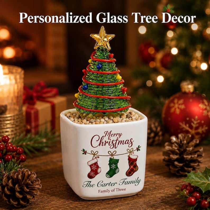 Personalized Mini Glass Christmas Tree in Ceramic Pot, Custom Family Name Holiday Tabletop Decor