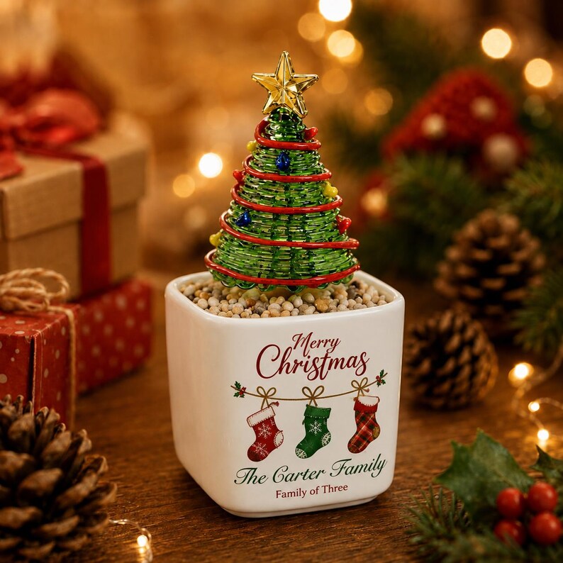 Personalized Mini Glass Christmas Tree in Ceramic Pot, Custom Family Name Holiday Tabletop Decor
