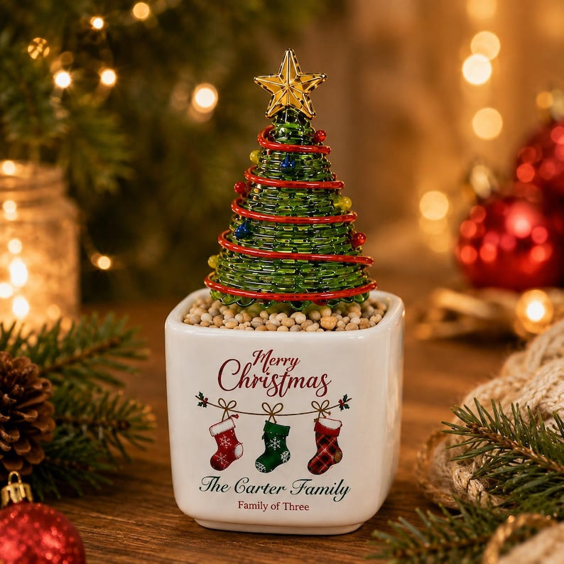 Personalized Mini Glass Christmas Tree in Ceramic Pot, Custom Family Name Holiday Tabletop Decor