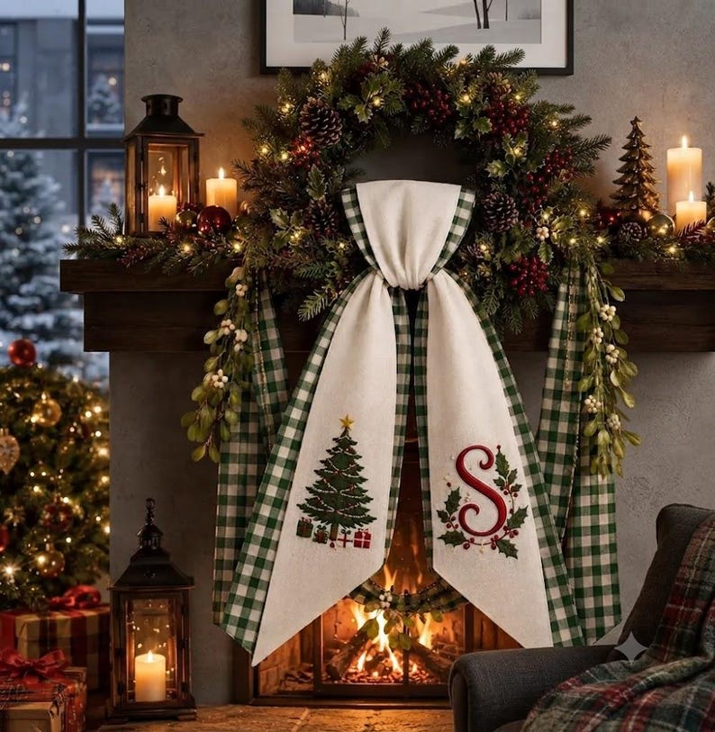 Christmas Wreath Sash, Personalized Monogram Door Sash, Embroidered Noel Wreath Bow, Christmas Bow Tree