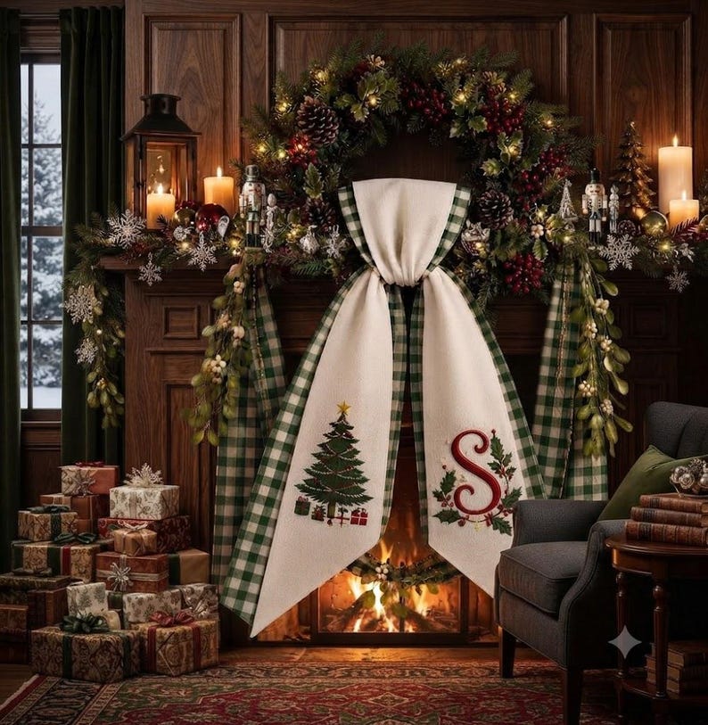 Christmas Wreath Sash, Personalized Monogram Door Sash, Embroidered Noel Wreath Bow, Christmas Bow Tree