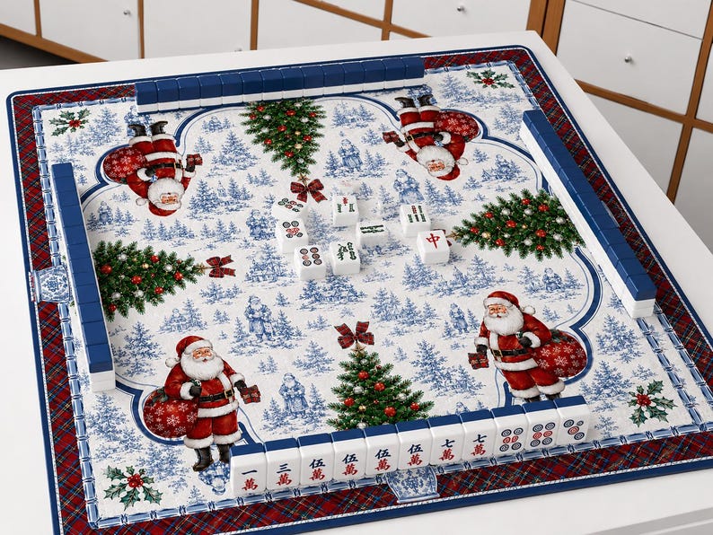 Christmas Toile Chinoiseries Mahjong Mat, Santa Tree Tartan Game Mat, Preppy Holiday Mahjong Gift, Non Slip Table Cover