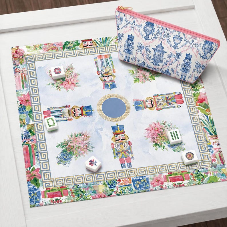 Chinoiserie Christmas Mahjong Mat, Blue White Floral Garden Game Mat, Nutcracker Soldier Design