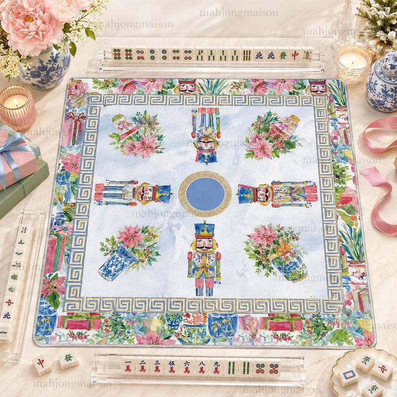 Chinoiserie Christmas Mahjong Mat, Blue White Floral Garden Game Mat, Nutcracker Soldier Design