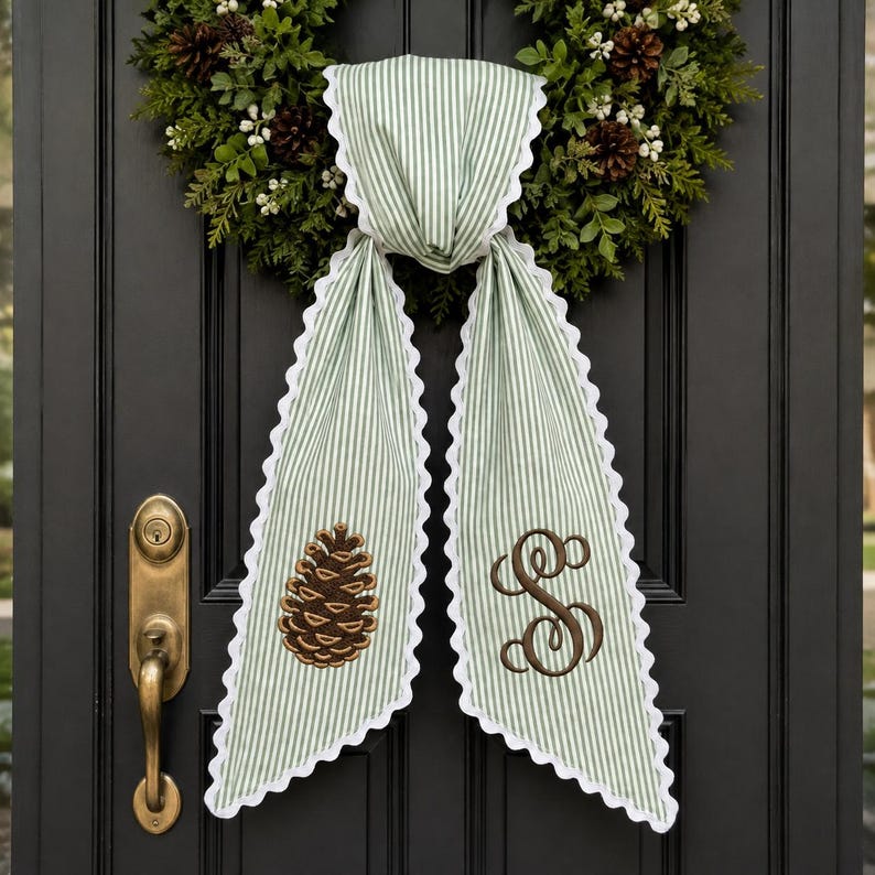 Personalized Pinecone Wreath Sash, Sage Stripe Monogram Door Bow, Embroidered Christmas and Winter Front Door Decor