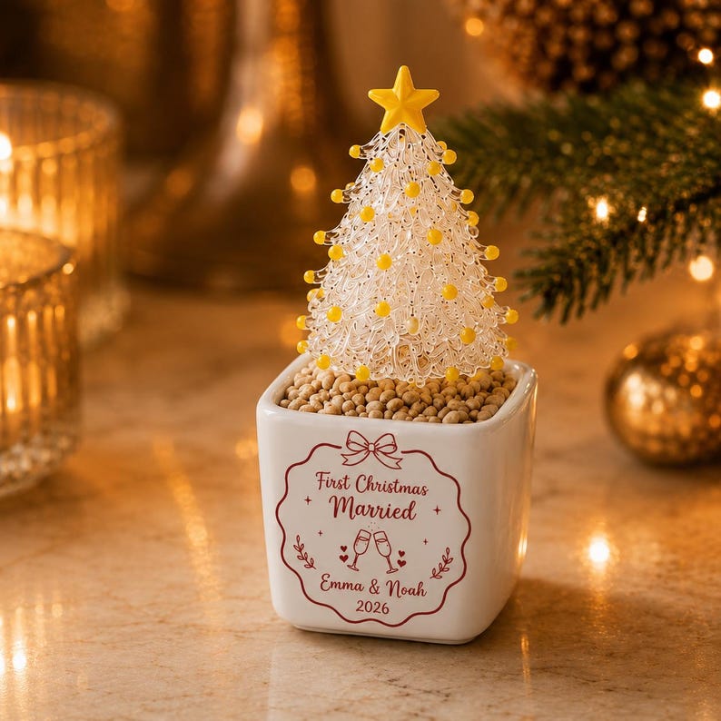 Personalized Couple Christmas Gift, Custom Glass Christmas Tree Pot, Newlywed Holiday Keepsake