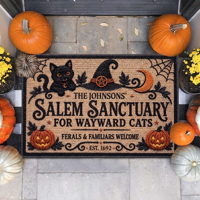 Witch Cat Welcome Mat, Salem Sanctuary Personalized Halloween Coir Doormat, Custom Family Name Wayward Cats Mat