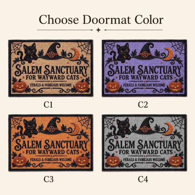 Witch Cat Welcome Mat, Salem Sanctuary Personalized Halloween Coir Doormat, Custom Family Name Wayward Cats Mat