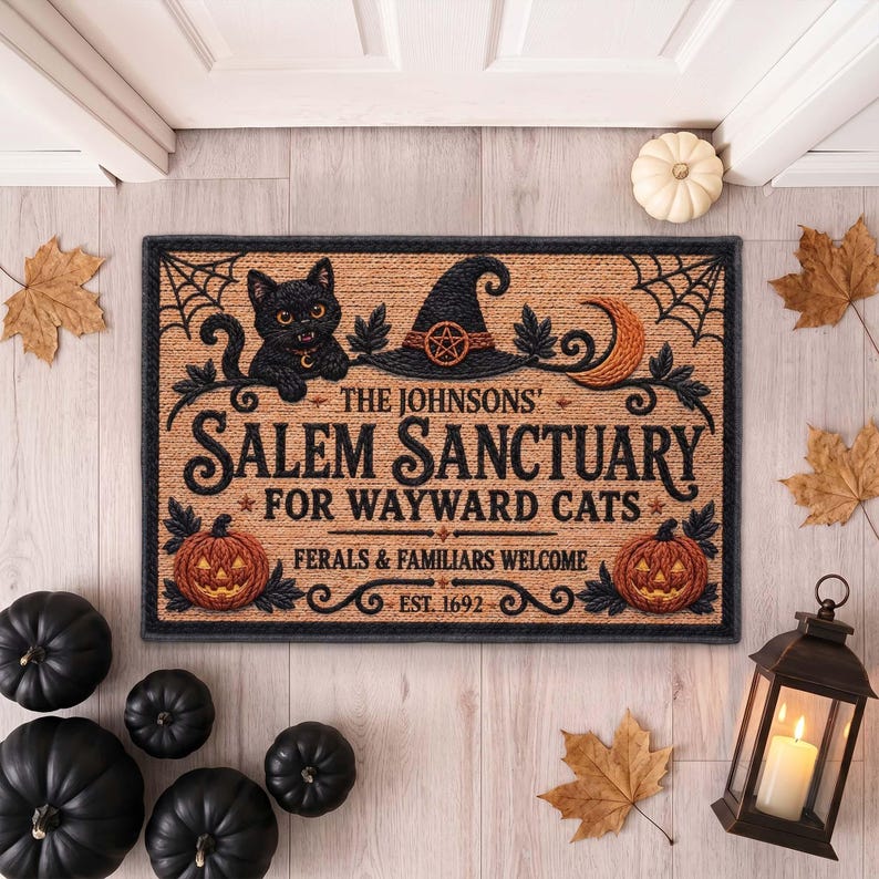 Witch Cat Welcome Mat, Salem Sanctuary Personalized Halloween Coir Doormat, Custom Family Name Wayward Cats Mat