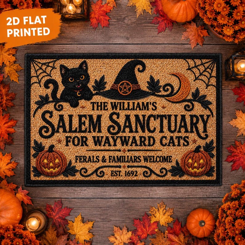 Witch Cat Welcome Mat, Salem Sanctuary Personalized Halloween Coir Doormat, Custom Family Name Wayward Cats Mat