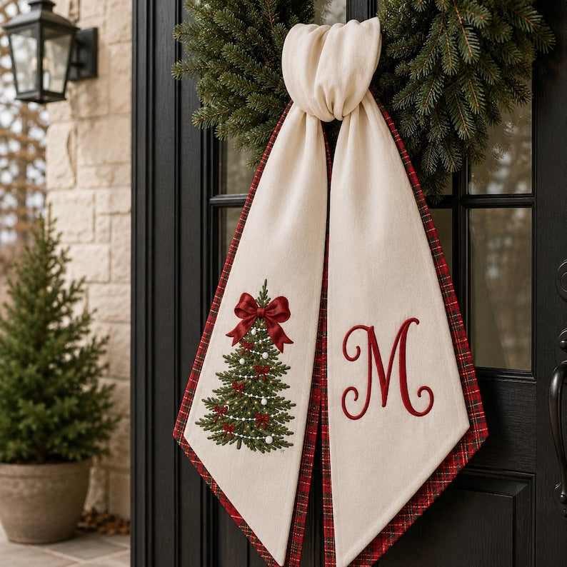 Embroidered Personalized Christmas Bow Tree Wreath Sash, Monogram Letter Embroidered Winter Sash Door Decor