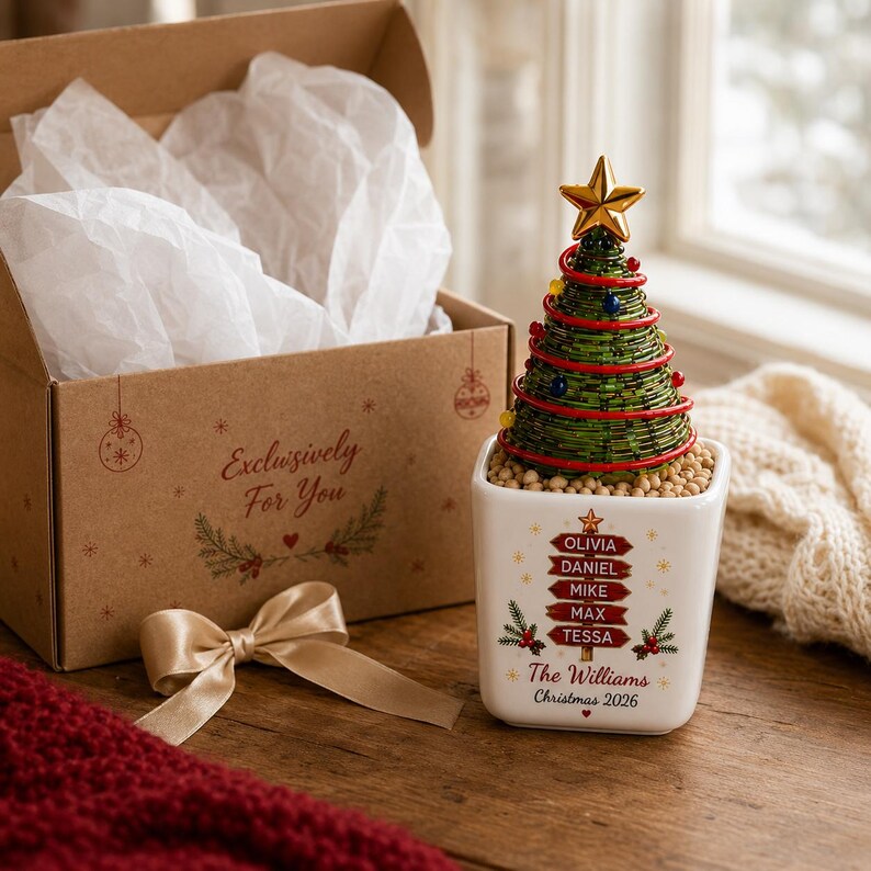 Personalized Glass Christmas Tree Pot, Custom Family Christmas Gift, Farmhouse Christmas Decor