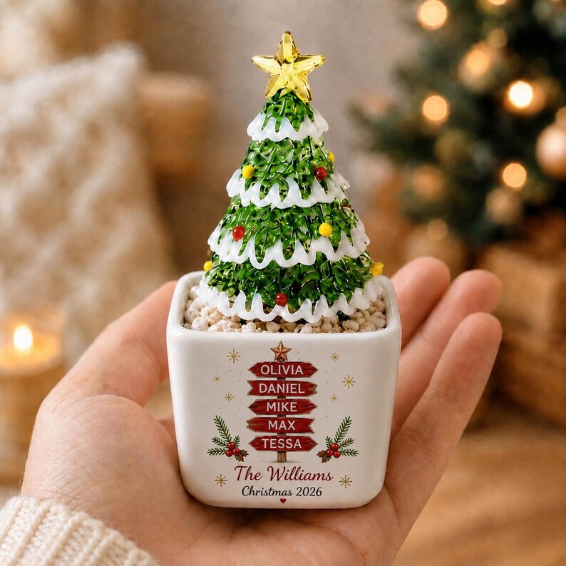 Personalized Glass Christmas Tree Pot, Custom Family Christmas Gift, Farmhouse Christmas Decor