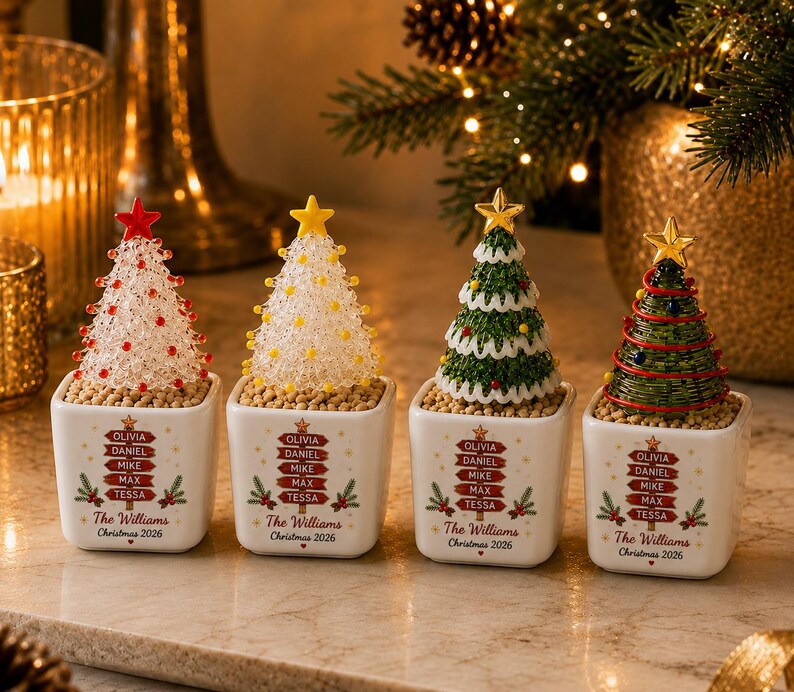 Personalized Glass Christmas Tree Pot, Custom Family Christmas Gift, Farmhouse Christmas Decor