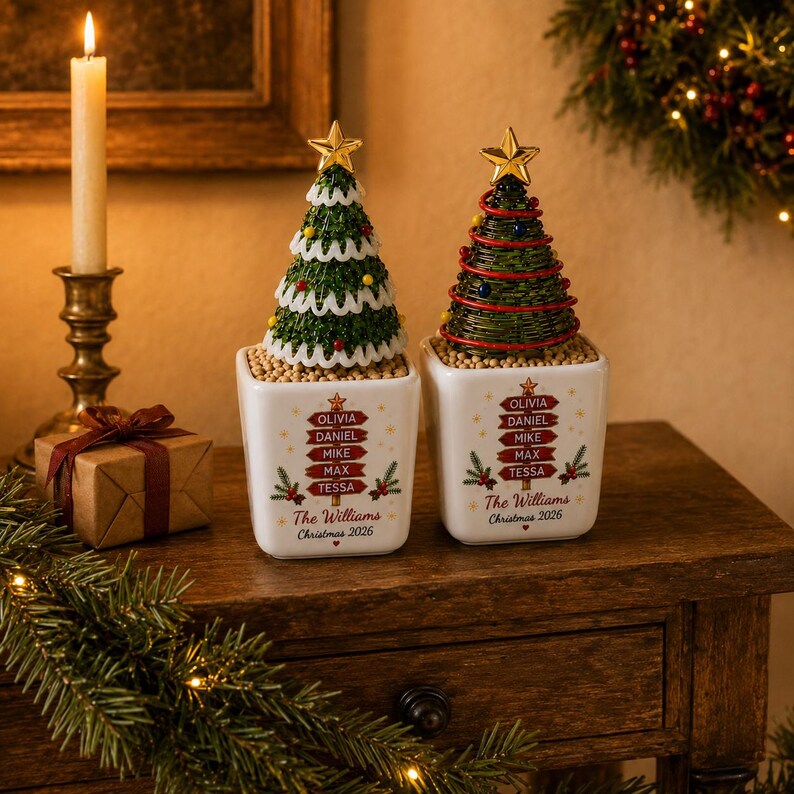Personalized Glass Christmas Tree Pot, Custom Family Christmas Gift, Farmhouse Christmas Decor