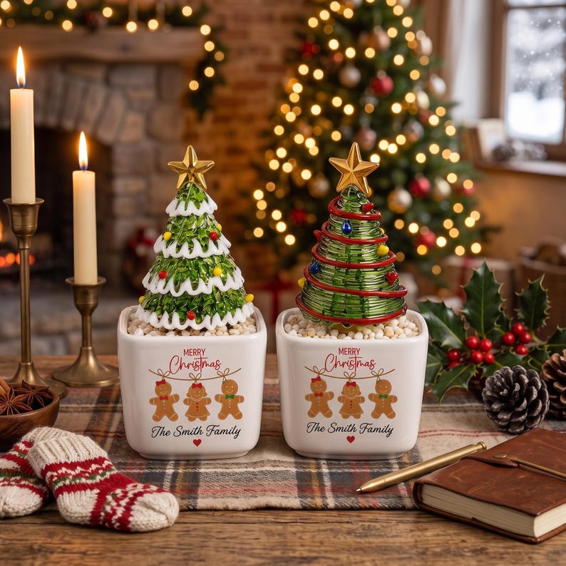Custom Family Name Glass Christmas Tree in Ceramic Pot, Gingerbread Family Holiday Decor
