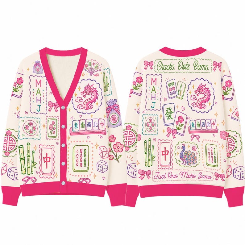 Retro Mahjong Cardigan Wool Sweater, Chinoiserie Tile Pattern Knitwear, Asian Art Game Night Outfit, Aesthetic Pink