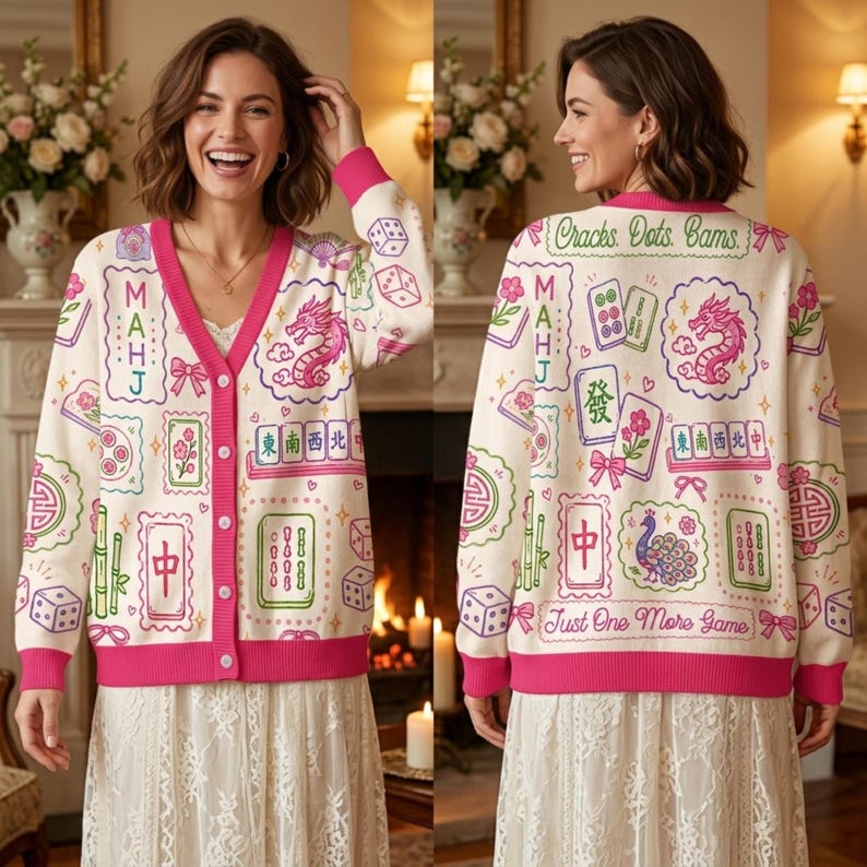 Retro Mahjong Cardigan Wool Sweater, Chinoiserie Tile Pattern Knitwear, Asian Art Game Night Outfit, Aesthetic Pink