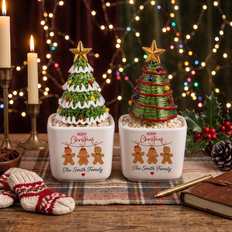 Custom Family Name Glass Christmas Tree in Ceramic Pot, Gingerbread Family Holiday Decor