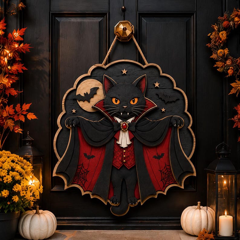 Halloween Black Cat Vampire Wooden Sign, Gothic Wall Decor, Spooky Bat Door Hanger, Witchy Cat Art, Haunted House