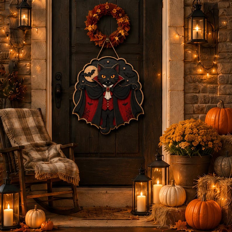 Halloween Black Cat Vampire Wooden Sign, Gothic Wall Decor, Spooky Bat Door Hanger, Witchy Cat Art, Haunted House
