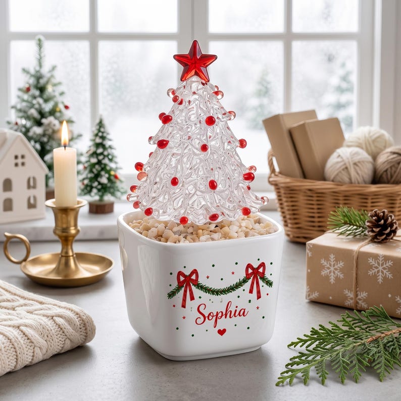 Personalized Glass Christmas Tree in Ceramic Pot, Custom Name Holiday Table Decor, Cute Mini Tree Figurine