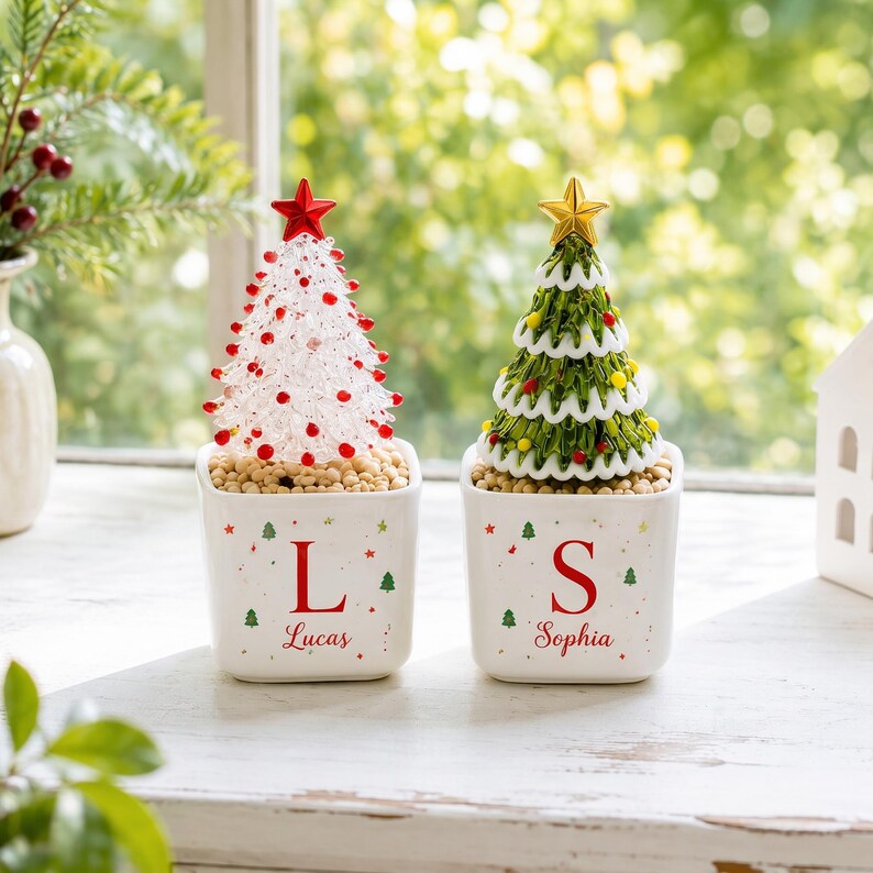 Monogram Glass Christmas Tree in Custom Ceramic Pot, Personalized Initial & Name Holiday Decor, Mini Tabletop Tree