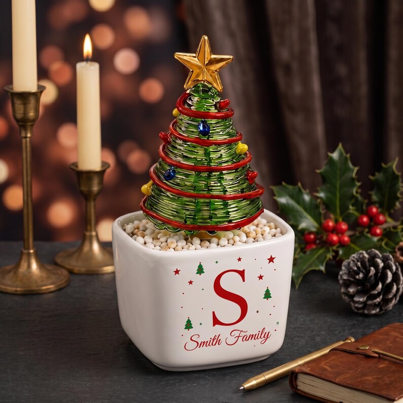 Monogram Glass Christmas Tree in Custom Ceramic Pot, Personalized Initial & Name Holiday Decor, Mini Tabletop Tree