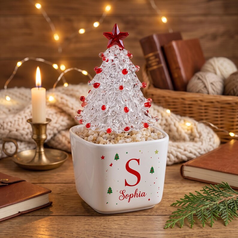 Monogram Glass Christmas Tree in Custom Ceramic Pot, Personalized Initial & Name Holiday Decor, Mini Tabletop Tree