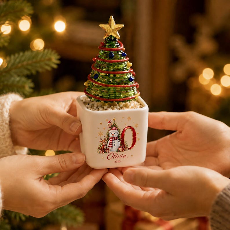 Personalized Mini Glass Christmas Tree in Ceramic Pot, Custom Name & Year Tabletop Decor
