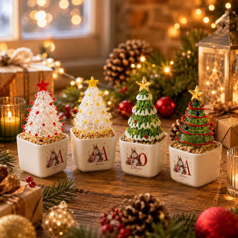 Personalized Mini Glass Christmas Tree in Ceramic Pot, Custom Name & Year Tabletop Decor