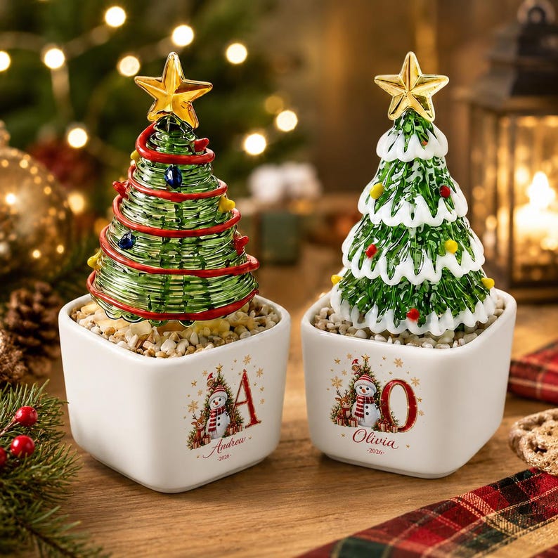Personalized Mini Glass Christmas Tree in Ceramic Pot, Custom Name & Year Tabletop Decor