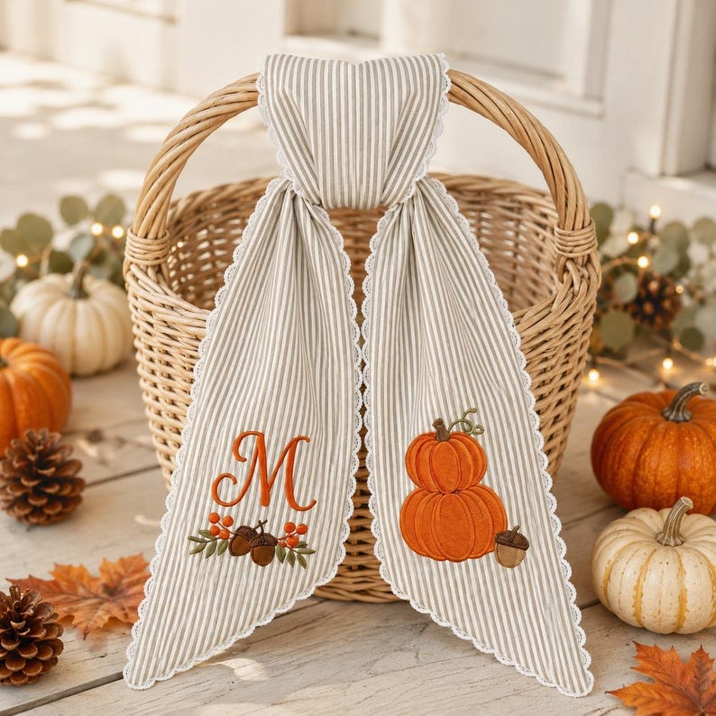 Embroidered Pumpkin Monogram Wreath Sash, Personalized Fall Door Bow, Autumn Harvest Front Door Decor