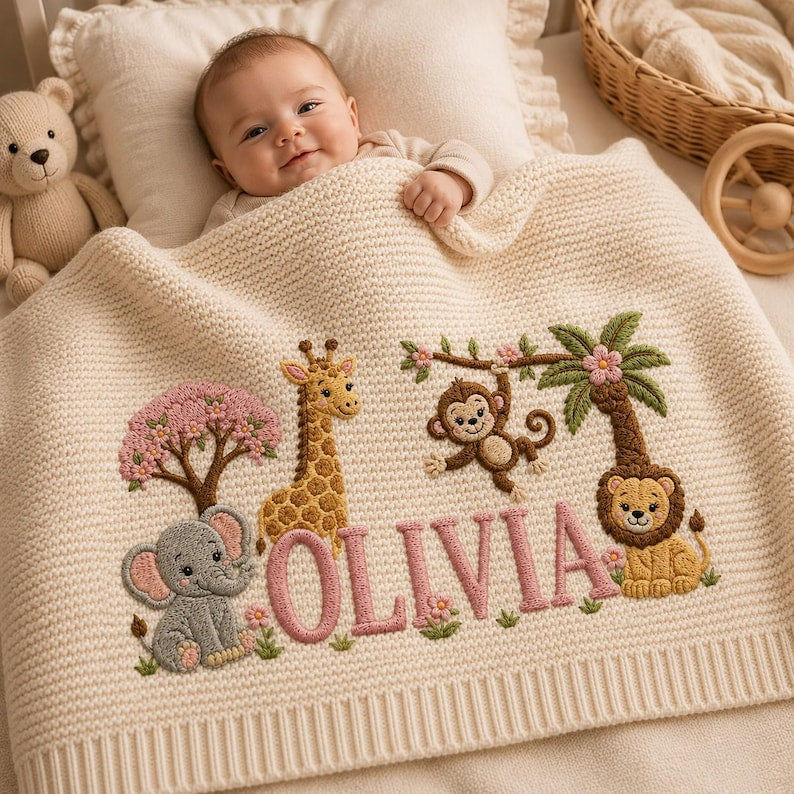 Personalized Safari Animals Baby Blanket Name, Custom Embroidered Elephant Lion Baby Blanket