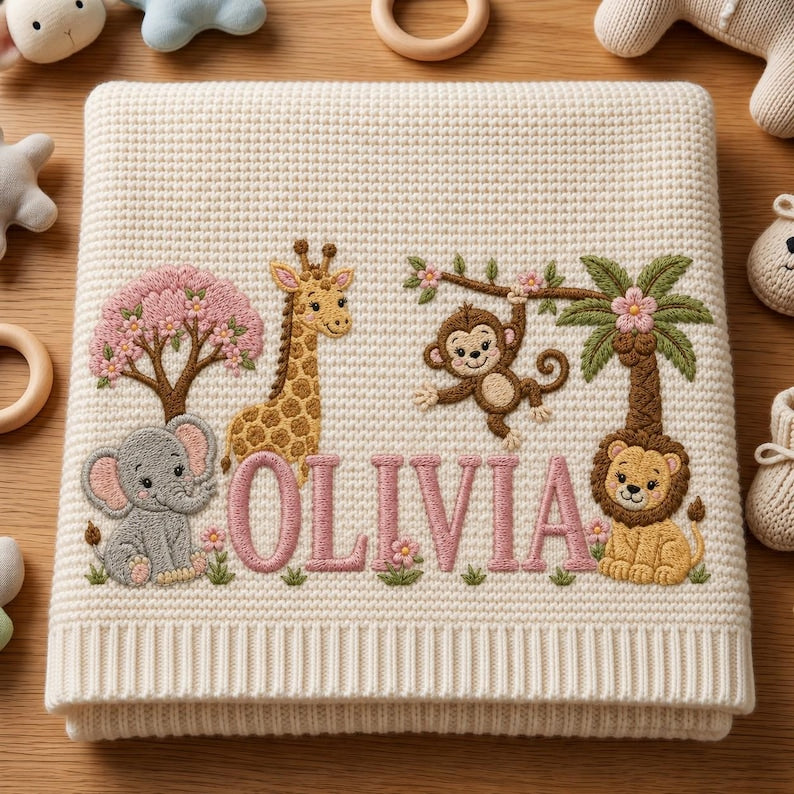 Personalized Safari Animals Baby Blanket Name, Custom Embroidered Elephant Lion Baby Blanket