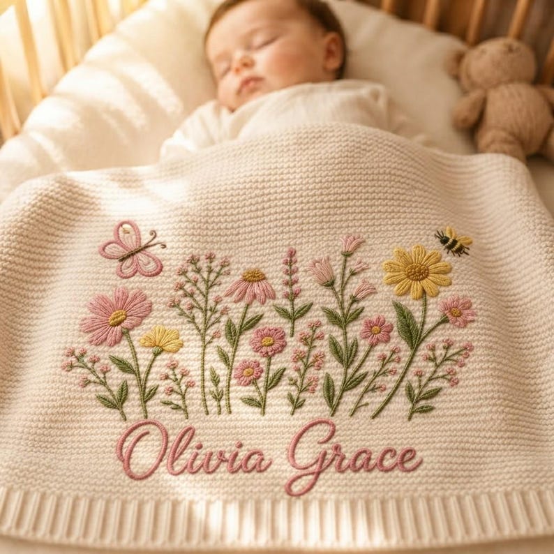 Personalized Wildflower Baby Blanket Name, Custom Embroidered Floral Butterfly Baby Shower Gift