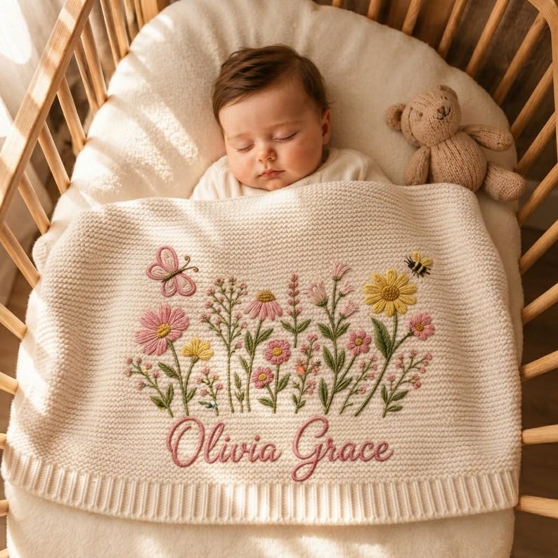 Personalized Wildflower Baby Blanket Name, Custom Embroidered Floral Butterfly Baby Shower Gift