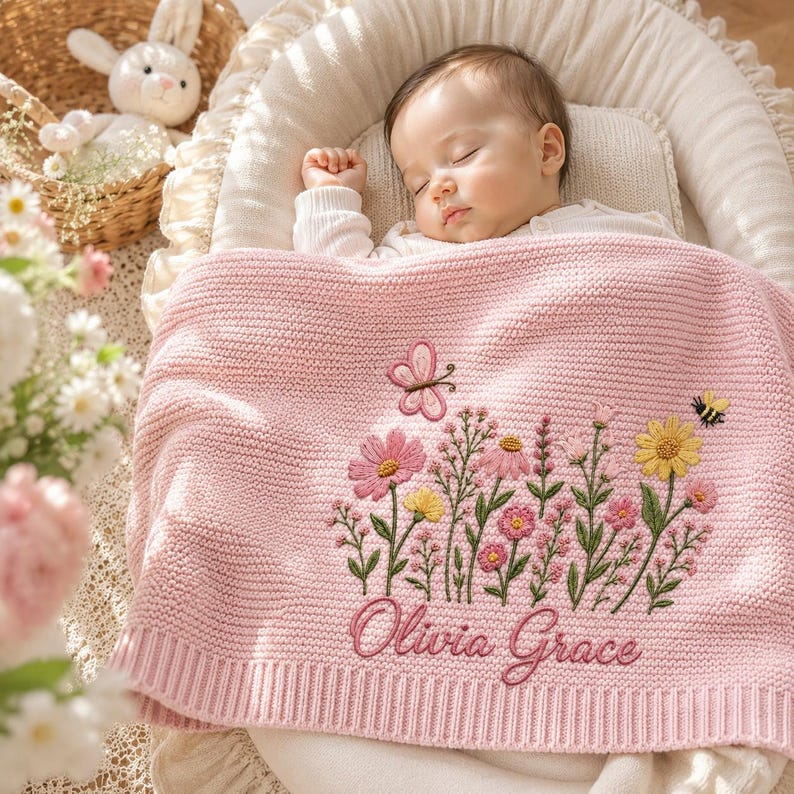 Personalized Wildflower Baby Blanket Name, Custom Embroidered Floral Butterfly Baby Shower Gift