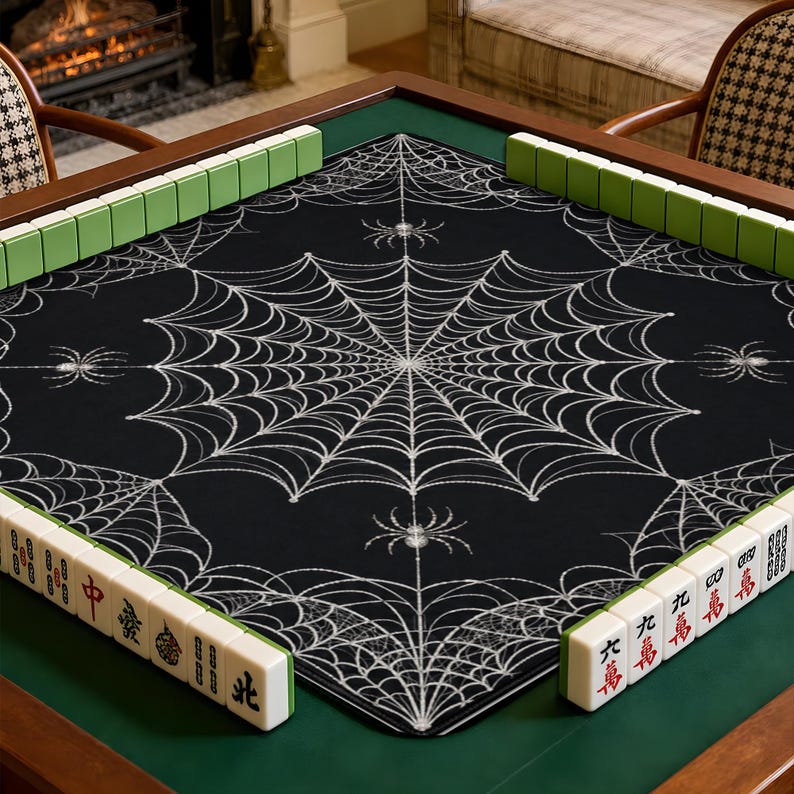 Halloween Spiderweb Mahjong Mat, Spooky Black Tabletop Decor, Gothic Game Night Accessory